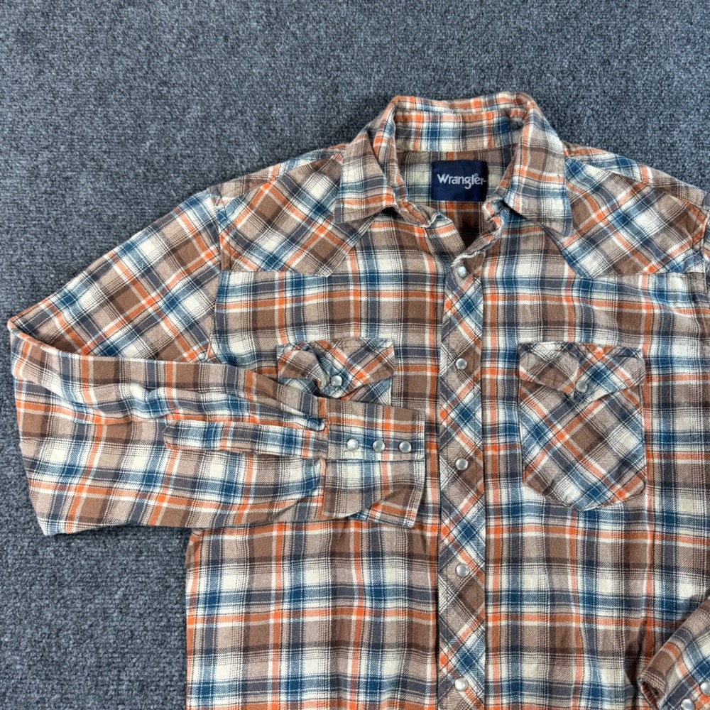 Wrangler Mens Western Snap Flannel Shirt Plaid Brown‎ Orange Blue 75098AA L